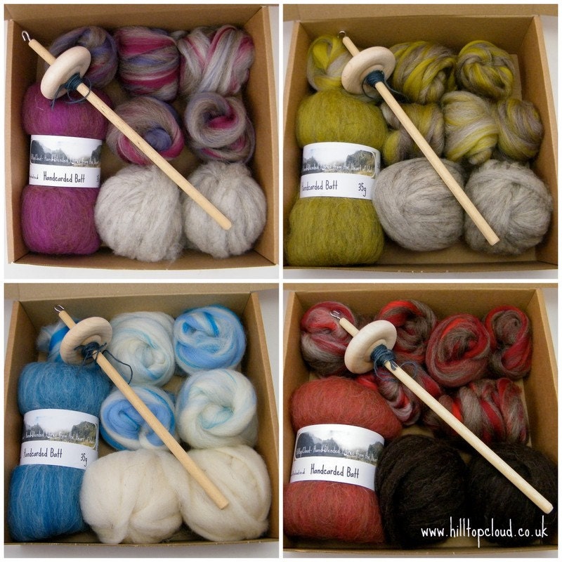 Drop Spindle Kit, - Learn to Spin- 135g (4.8oz) roving, batt, fibre, a spindle and beginner instructions
