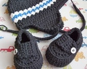 Baby Boy Earflap Hat and Loafer Shoes - Handmade Modern Crocheted Booties - Infant Shower Set - Size 2 Black Shoe 3 to 6 Months - Gift Boxed