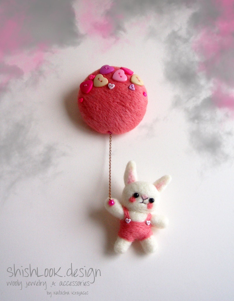 Flying Rabbit, Felted Animal Brooch, Wool Jewelry, Felted Bunny, Animal Jewelry