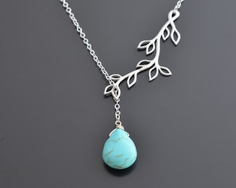 Multi leaf branch and turquoise lariat necklace.