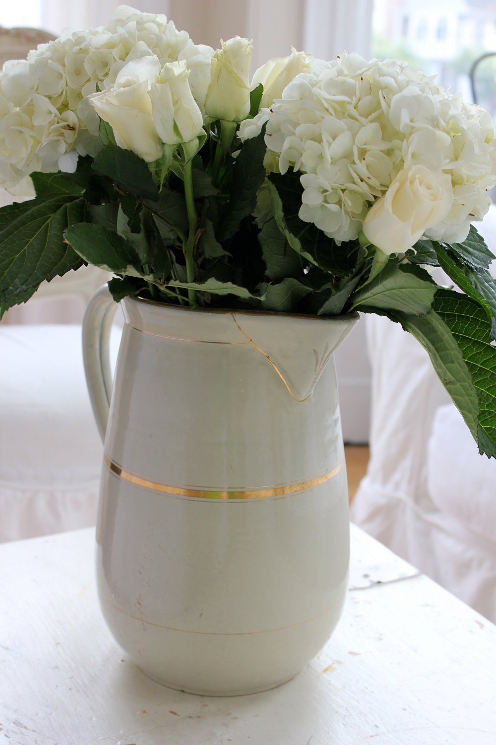 Vintage Enamelware Pitcher Cream with Gilt Detail