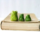 Porcelain Frogs - Set of 3 Handmade Sculptures - Bookshelf Home Decor - OOAK Olive Green Moss