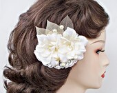 Bridal hair clip of two ivory delphinium with skelton leaves, lace and pearls