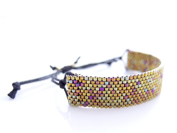 Metallic Gold Beaded Bracelet, Adjustable Cord Bracelet, Summer Bracelet, Eco Friendly Fashion, OOAK Handmade by JeannieRichard