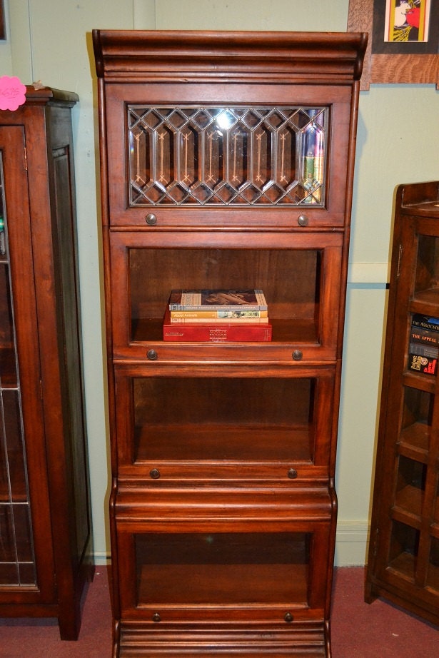 Mahogany narrow Barrister Bookcase with Lead Glass