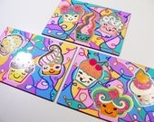 ACEO - Glitter Cupcake Girls Card Set - Stickers & Original Abstract Glitter Pastel Kawaii Design Small Art