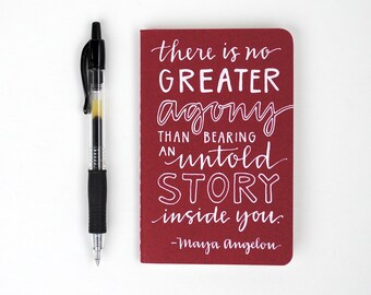 Hand-Lettered Mini Journal, Modern Calligraphy and Capitals, Small Moleskine Cahier, White Ink on Dark Red, There is No Greater Agony