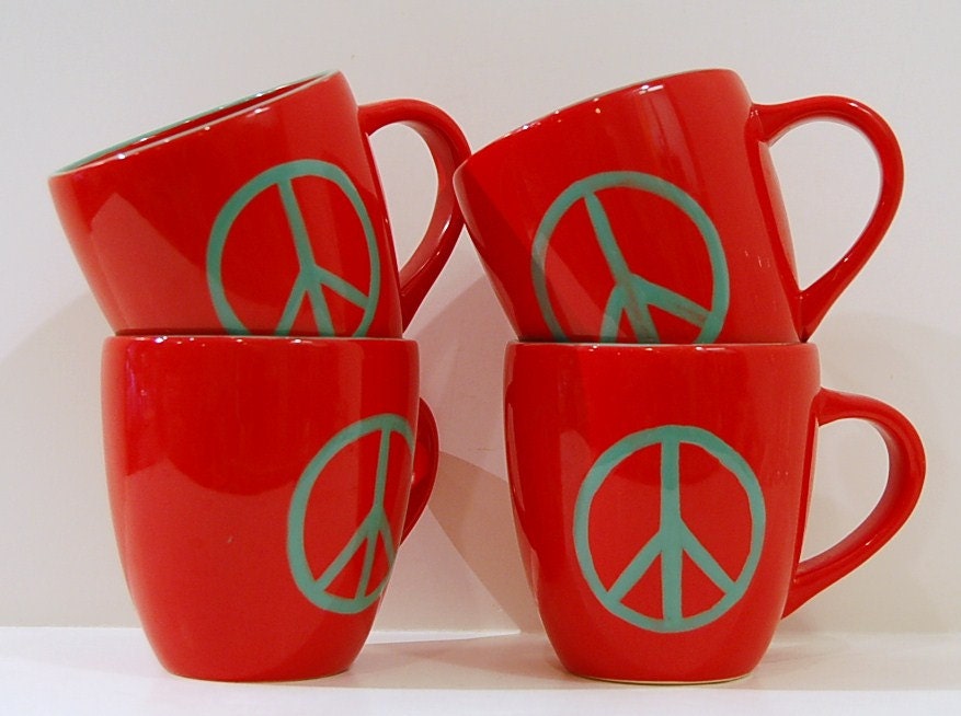Set of 4 Vintage Red and Turquoise Peace Sign Coffee Mugs Hand Painted Glossy Glaze Ceramic Pottery Sundance coffee house