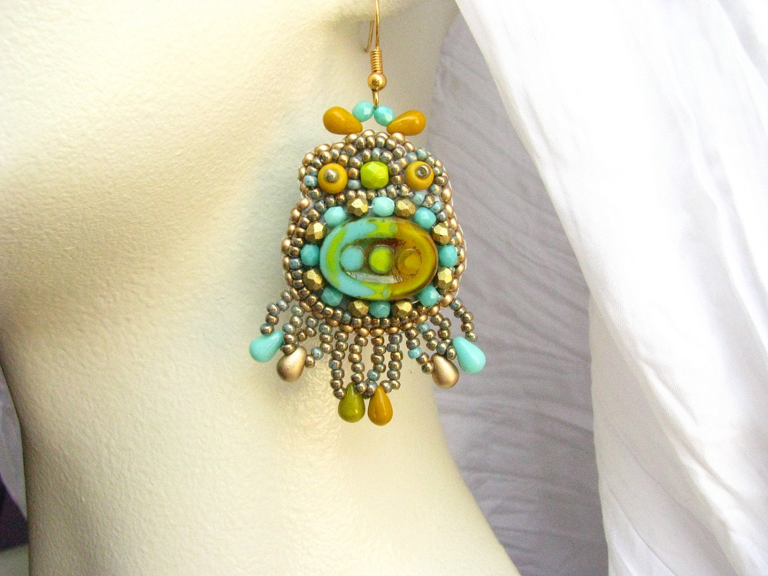 Bead embroidered earrings - colorful, for summer, OOAK