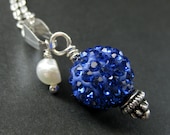 Cobalt Blue Necklace. Rhinestone Necklace. Kissing Ball Necklace with Fresh Water Pearl. Handmade Jewelry.