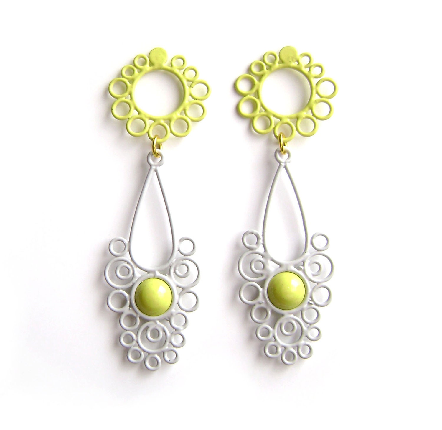 SALE 50% OFF drop earrings, grey teardrop, yellow accents, steel posts