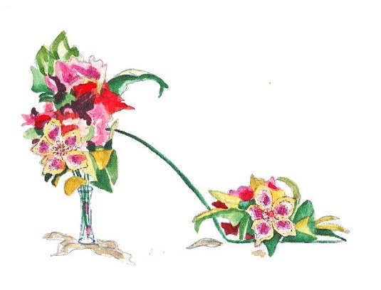 ACEO - Print Hellebores and Canna  Shoe -  Enhanced with Watercolor Paint and Signed on Back