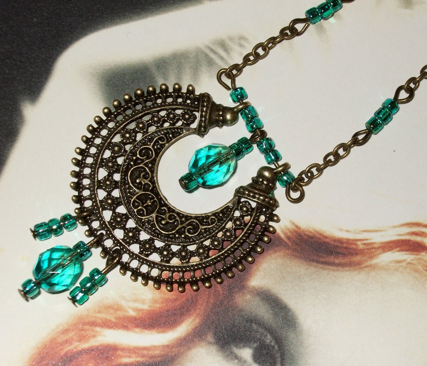 Boho Necklace Jade Green Bead Pendant Aztec Style Ornate Chandelier