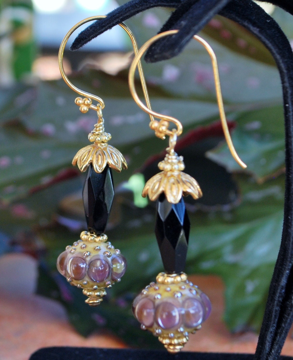 Reserved for Betsy - Darling lavendar lampwork beads black czech glass Bali vermeil earrings
