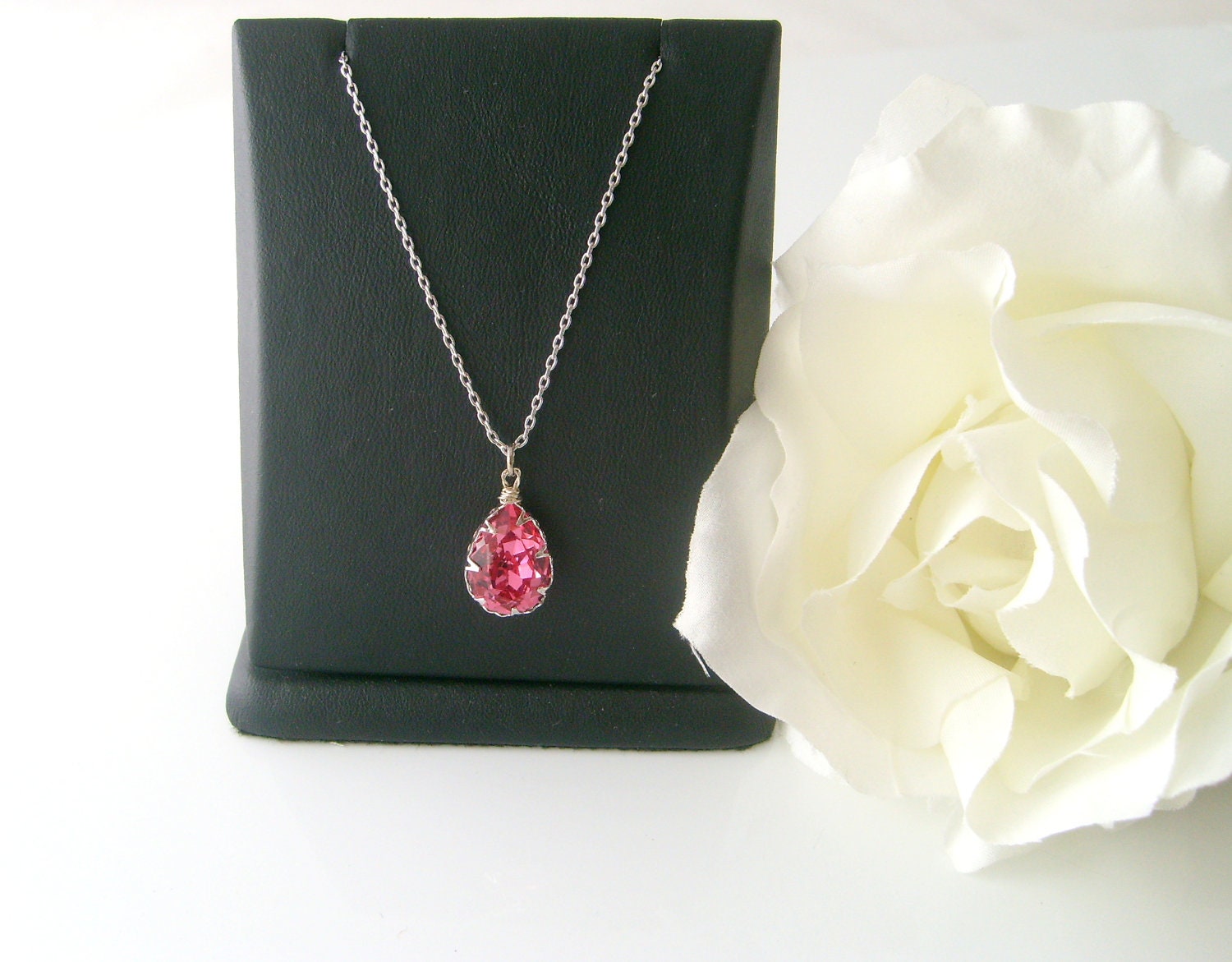 flower girl jewelry pink rose 14x10 pear bezel trim swarovski crystal flower girl necklace wedding jewelry bridal jewelry bridesmaid gift