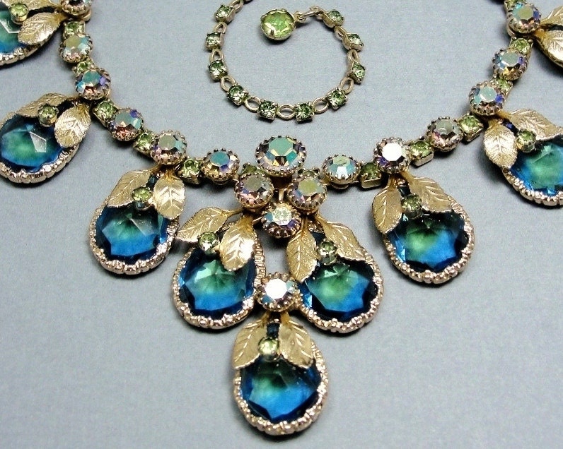 RESERVED - under deposit - do not purchase Peacock Glass AB Rhinestones Necklace Juliana 60s Blue Green Givre Stones Gold Autumn Leaves
