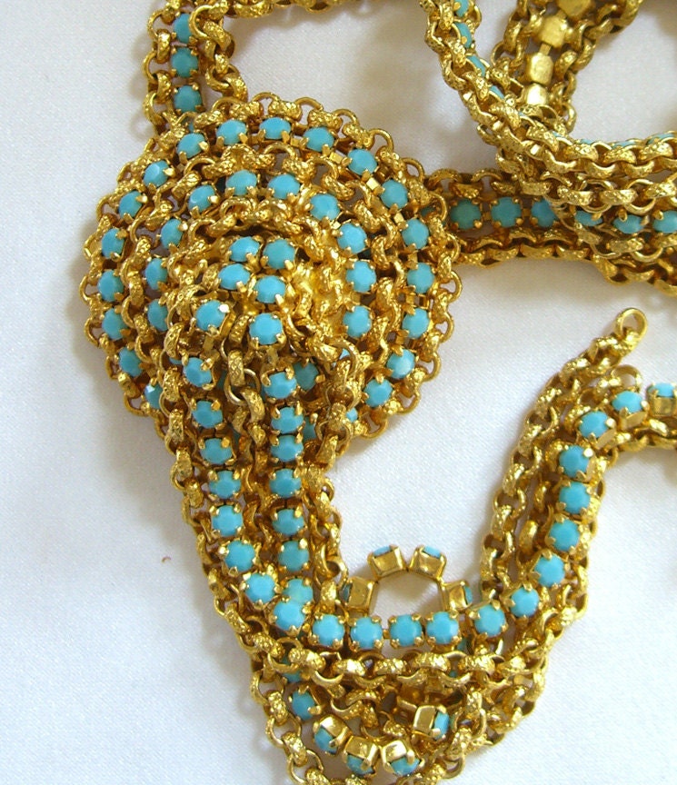 Miriam Haskell Style Necklace Turquoise Rhinestones Waterfall Mesh Vintage 1940s Jewelry