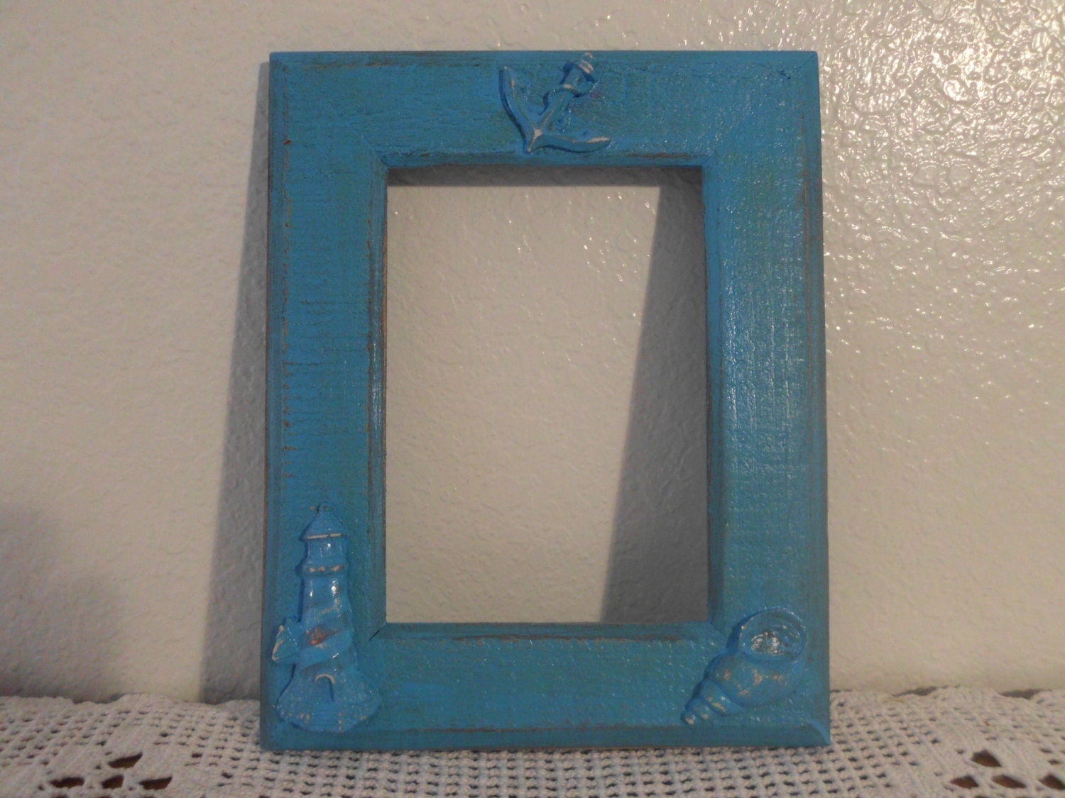 Beach Cottage Frame Shabby Chic Aqua Turquoise Tiffany Blue Coastal Cottage Home Decor Spa Retreat Distressed Seaside Lighthouse Anchor