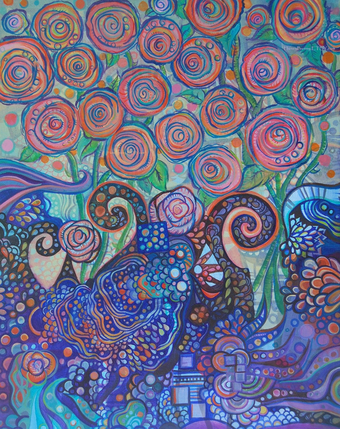 11x14 Print of my Oil Painting.  Blue and Purple abstract with Orange and Pink Flowers.