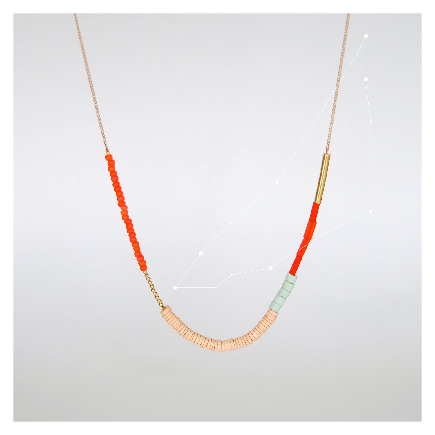 Beaded Colorblocked Long Necklace in Coral and Pink, The Ankaa