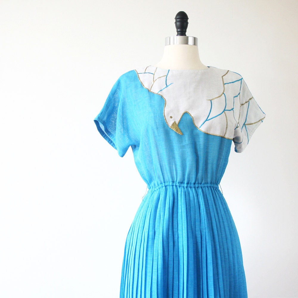 Japanese Vintage Dress Cyan Aqua Blue Dress Seagull Bird Dress Pleated Dress