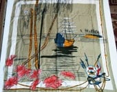 HOME LINES Souvenir Silk Scarf / Big Pirate Ship Island Palm Trees Logo & Signed 28x29