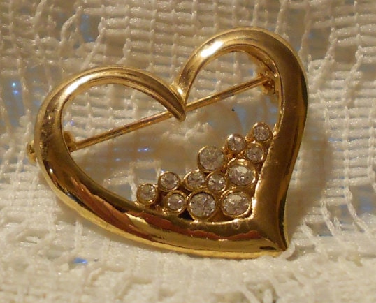 Vintage Gold Tone Heart with Rhinestones Brooch by LIA
