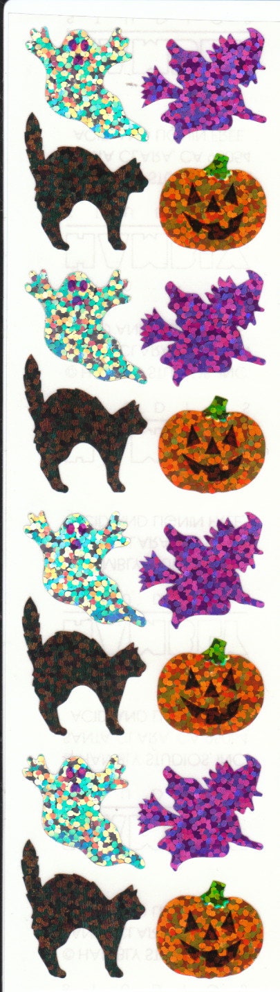 Vintage Hambly Halloween Glitter Stickers Strip 80's - Witch Ghost Cat Pumpkin - Four modules with four stickers each