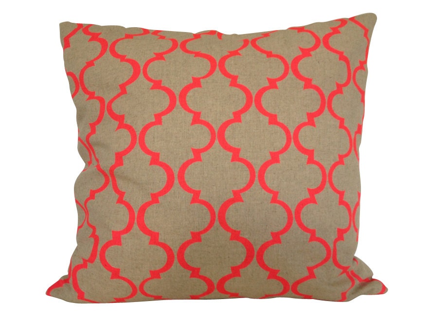 Cushion cover Geometric design. Fluro pink design on sand/beige Linen/Cotton 50cm x 50cm