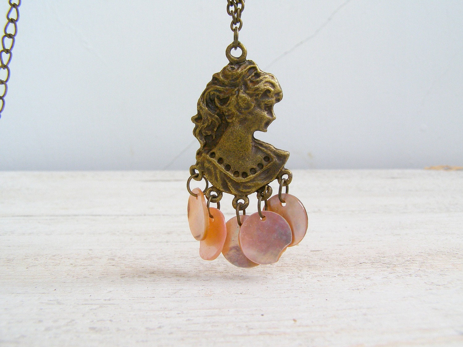 Vintage Cameo Necklace, Victorian style lady pendant necklace, bronze shade woman face, shells charms