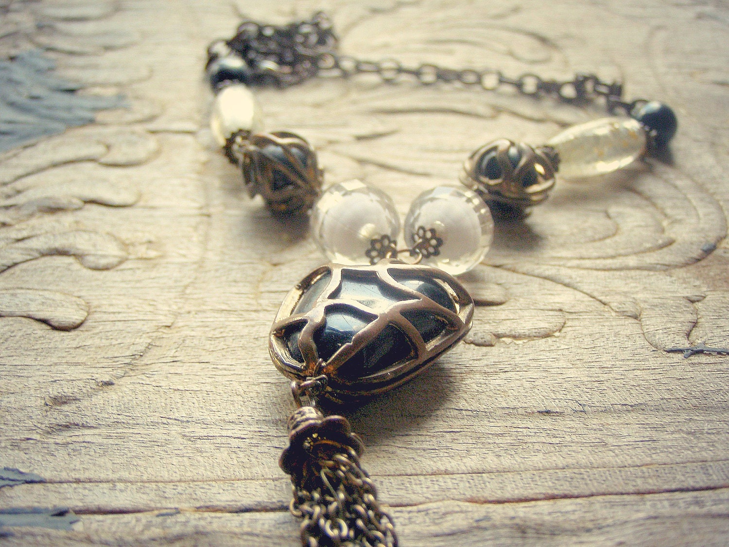 Vintage Boho Necklace, Glass beads, Metal heart Pendant Necklace, brown black and white rustic Necklace