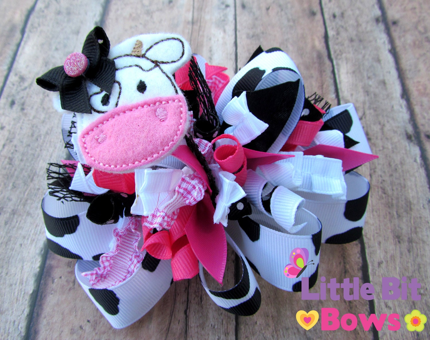 Black, White, and Pink Cow Feltie Boutique Funky Bow