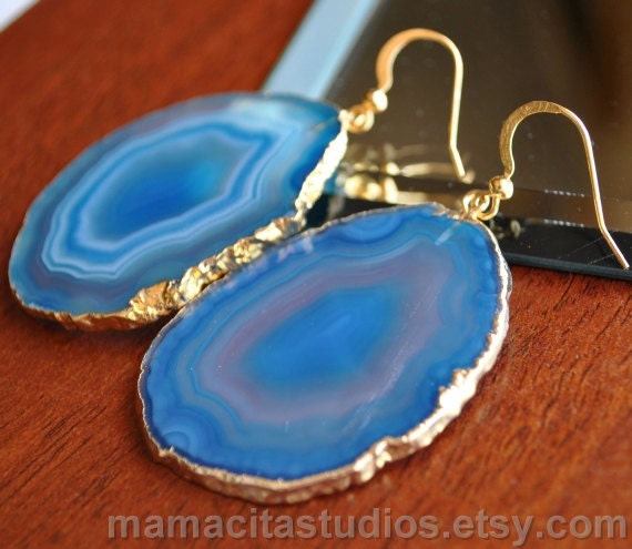 Blue Agate Slice Gold Earrings - Summer Sale