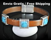 Jewelry - Women Bracelet - Camel Flat Leather - Turquoise and Silver color - Magnetic clasp - Fashion - Gift for Her - European Quality