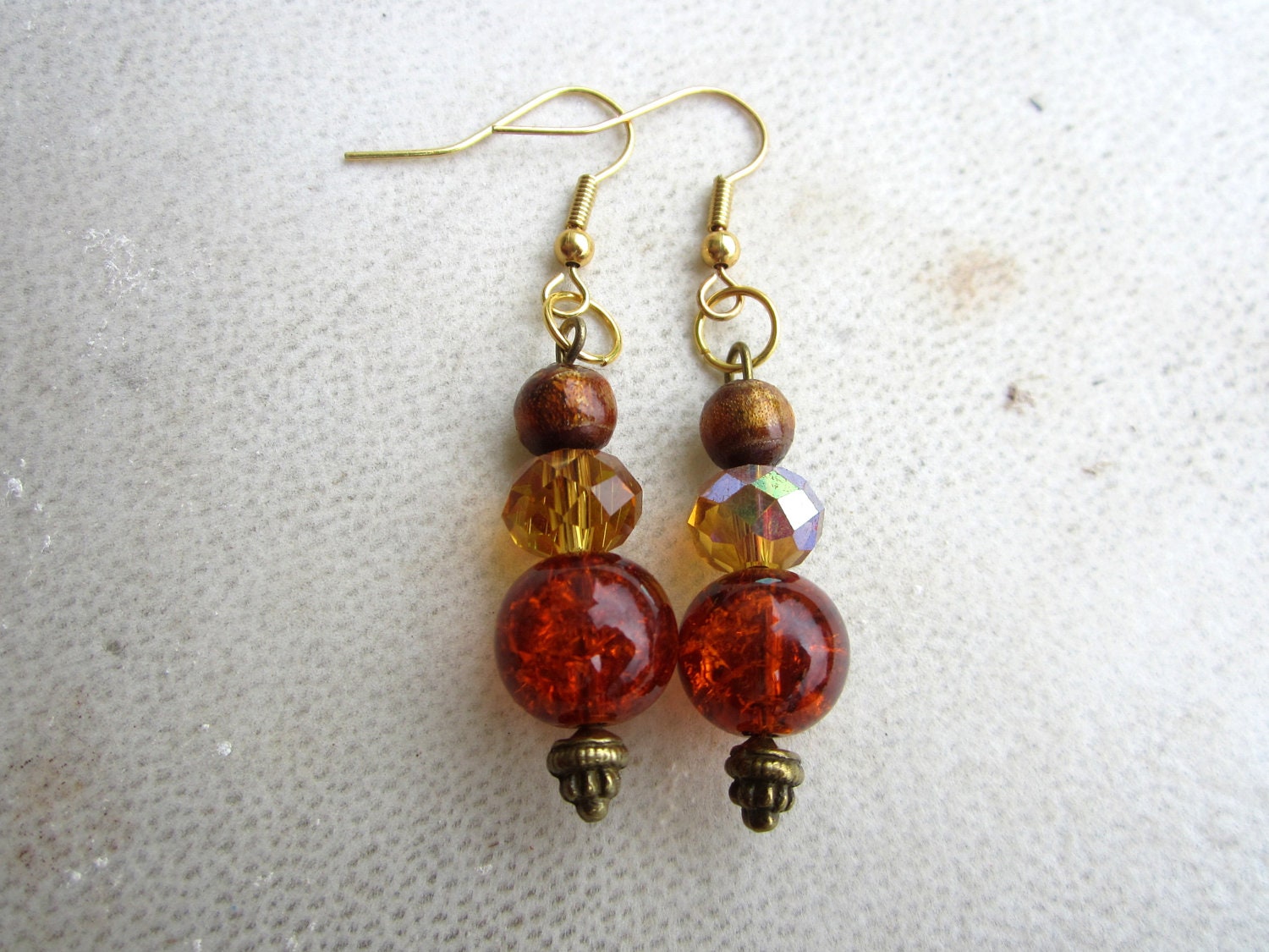 Clove. Simple, Elegant Beaded Dangle Earrings. Orange, Honey,  Brown, Glass, Wooden Beads.