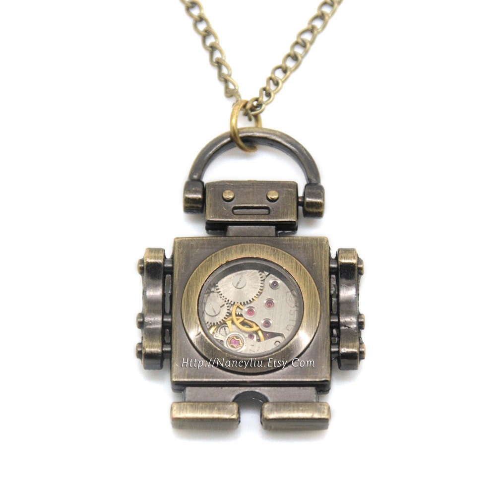 Steampunk Robot Necklace, Vintage Mechanical Watch Movement, Steampunk Watch Parts Jewelry, Wedding Gift