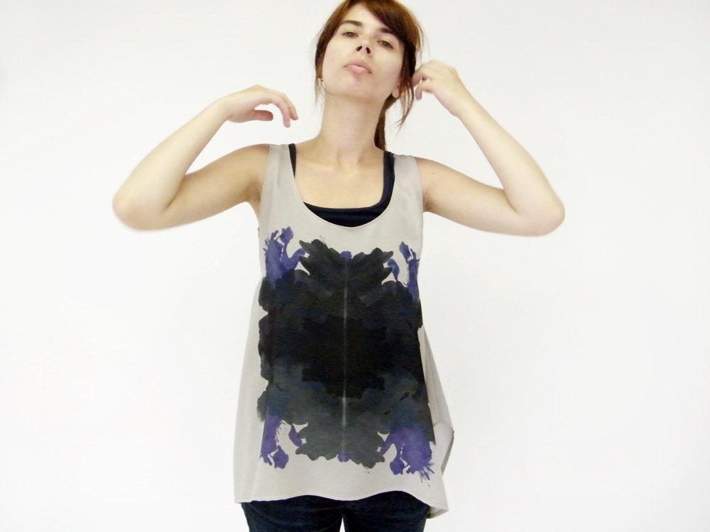 Hand Printed Sheer Tank Top Occult Child Black Kaleidoscope Geometric Abstraction Print Top Black and Violet Print Pastel Gray Mint Chiffon