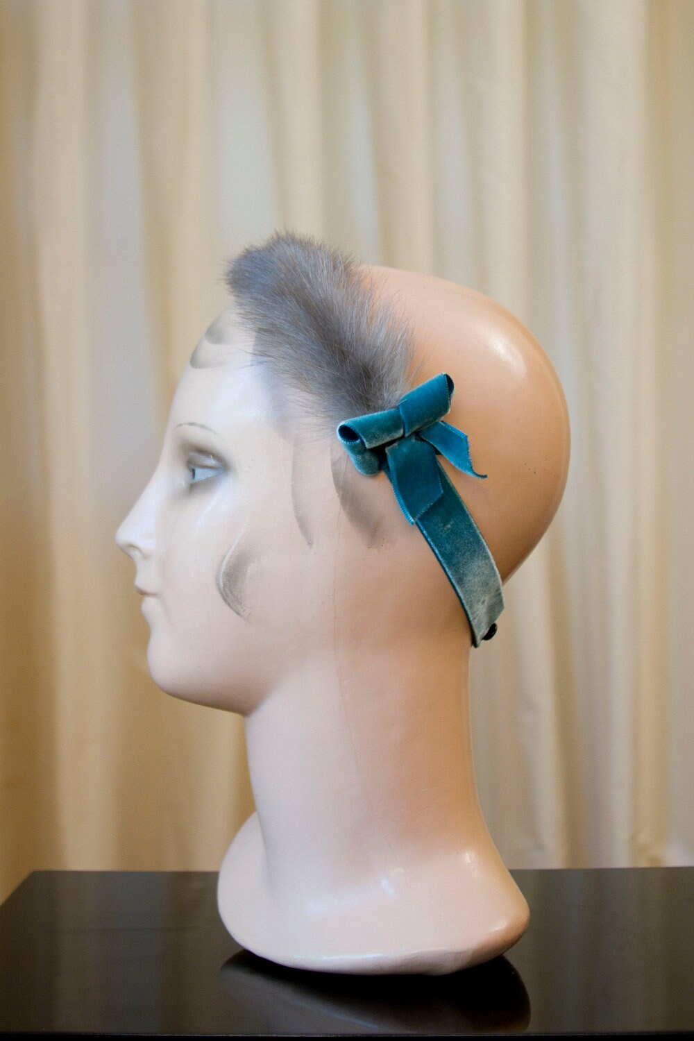 1950's 60's Grey Mink Fur Headband Fascinator with Turquoise Velvet Ribbon
