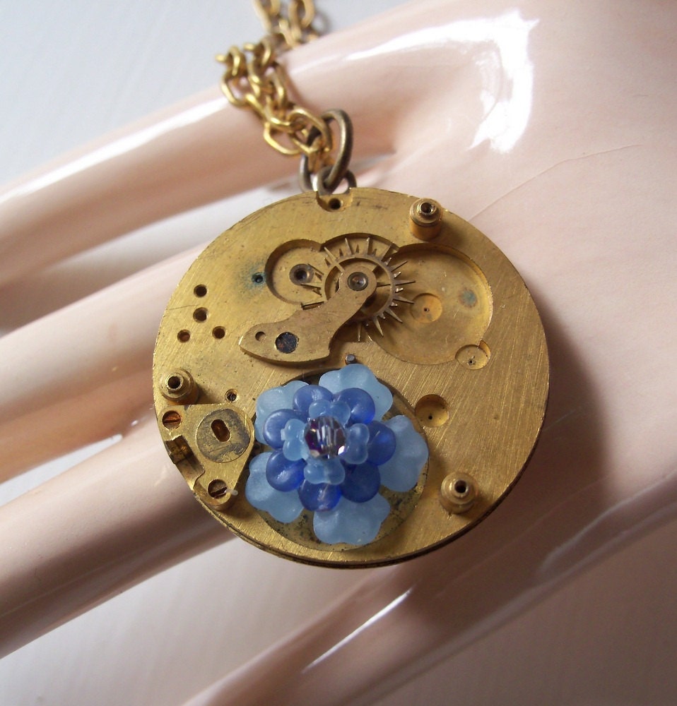 Steampunk Necklace - Vintage Pocket Watch Movement Watch Parts Lucite Flower And Vintage Brass Chain