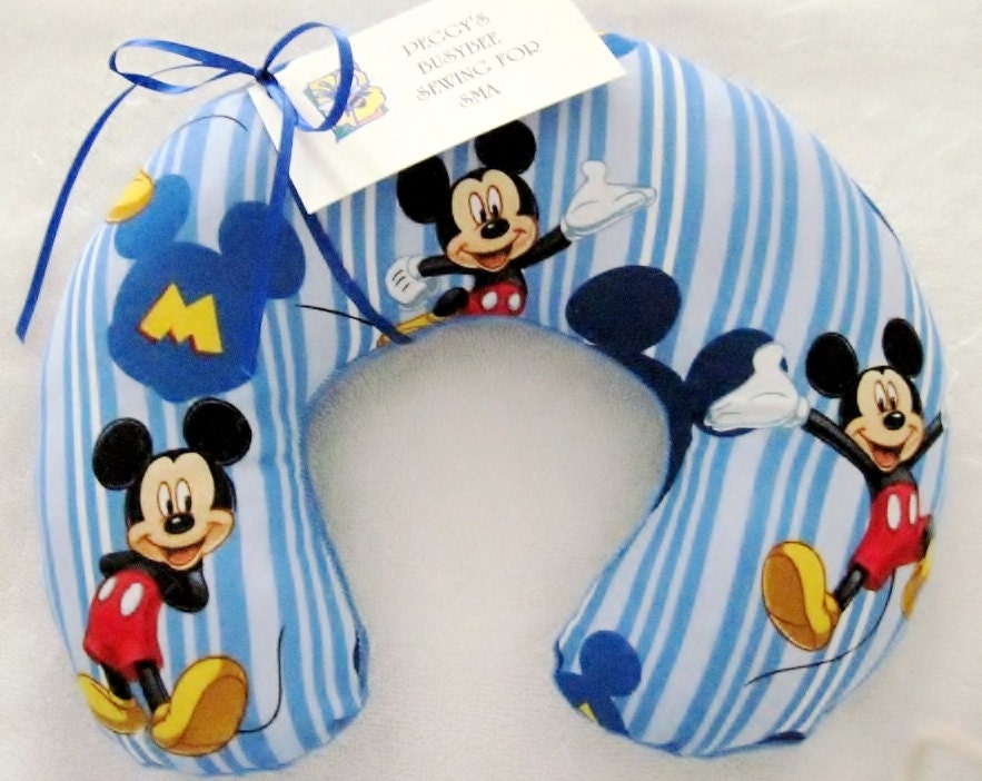 Travel Pillow - Head Neck Support - Toddler Infant Baby - Mickey Mouse Blue Stripe w/ Blue Minky Fleece - Blue Disney