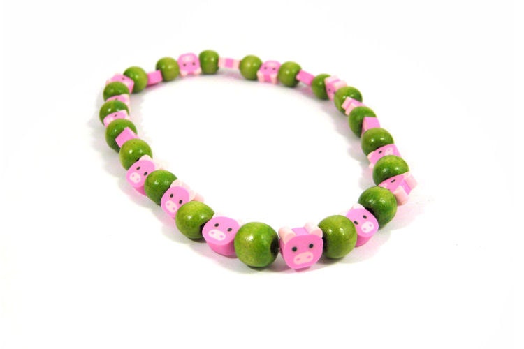 Green pink pig beads piggy childrens fun jewellery animal apple pea necklace funky kids jewelry cute birthday party treat small gift reward - OliveAndVince