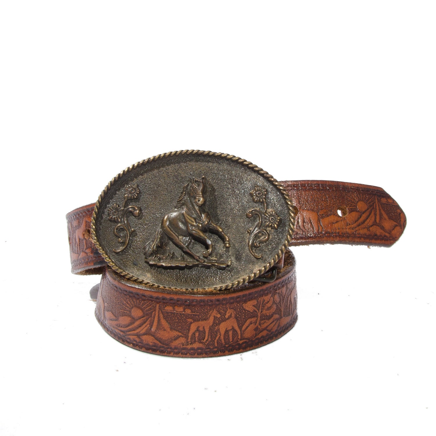 Tooled Western Belt Matching Buckle Horse Theme Brown Leather size Small