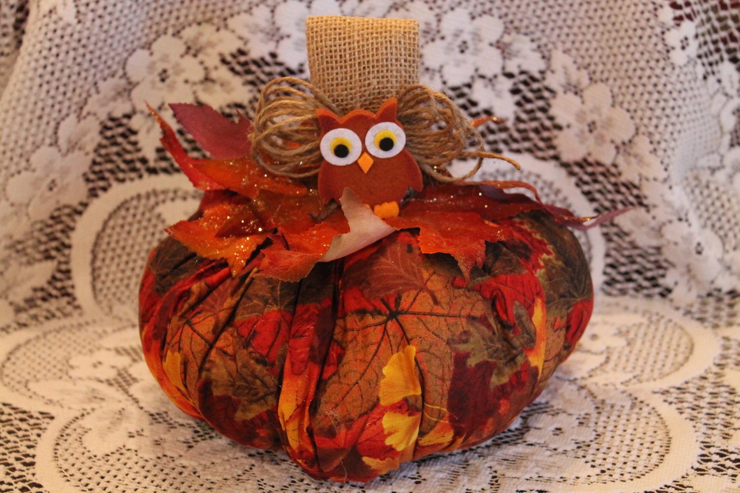 Fabric Stuffed Pumpkin with Owl...Fall Decor..Thanksgiving Decor..Mantel Decor...Home Decor..Large Size
