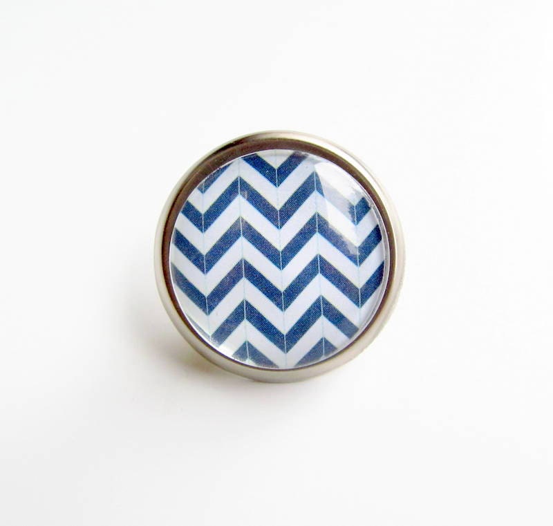 Nautical Decor Chevron Blue Cabinet Drawer Pull Glass and Metal Knob