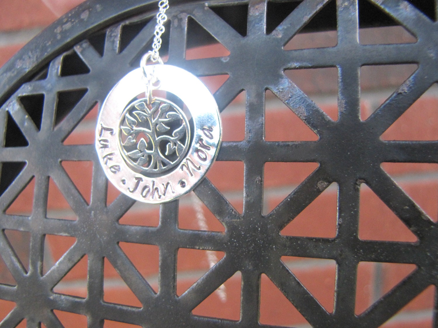 Personalized Necklace - Hand Stamped Mommy Jewelry - Washer Necklace Open Circle - Mommy Sterling Silver with Family Tree Charm Necklace