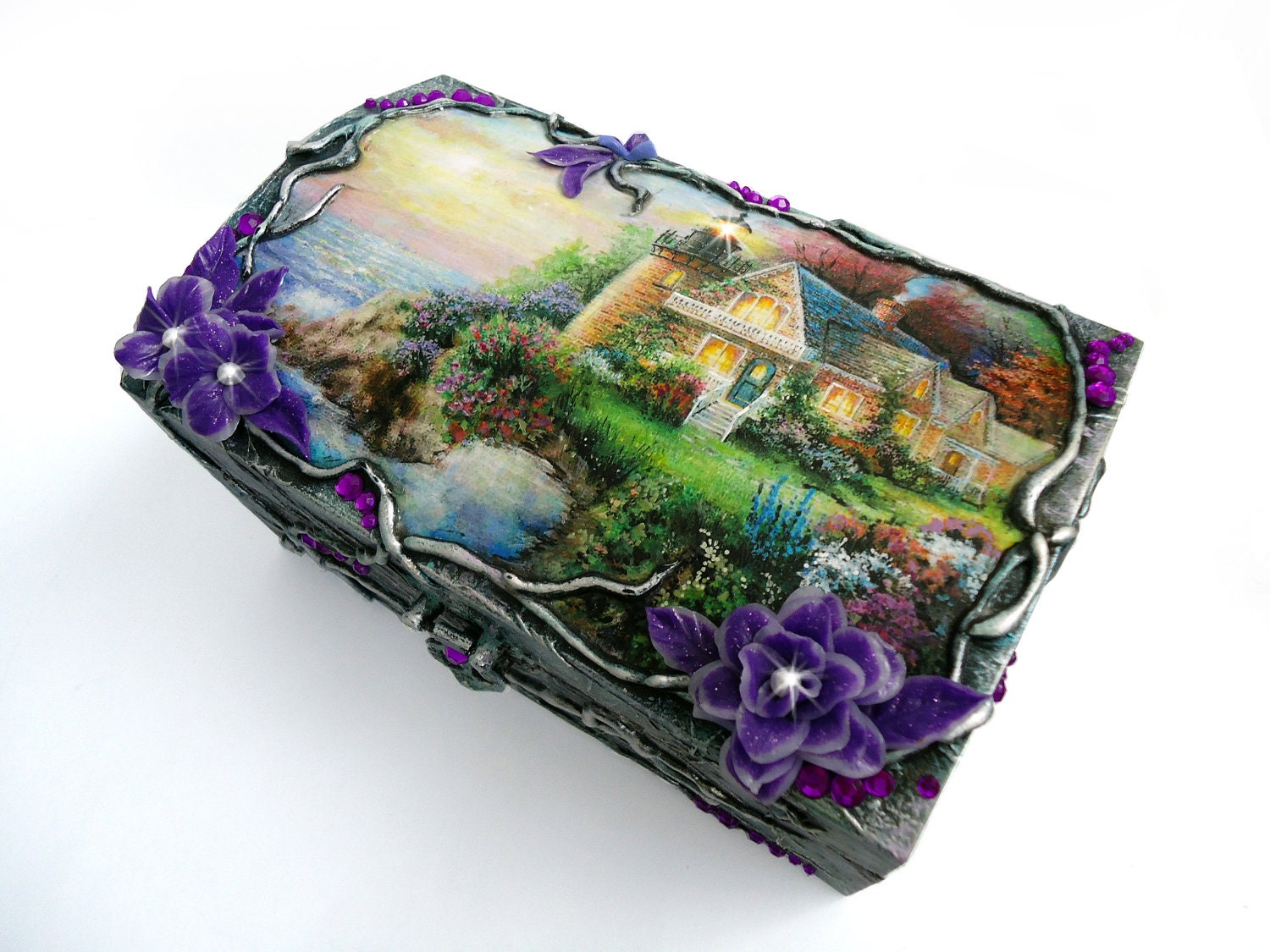 Hand decorated, Hand painted,  Wood jewelry box(6 3/4''-3 1/2''-4 1/4'')Elements of decoupage, Polymer clay flowers, Crystals - flowerdeco