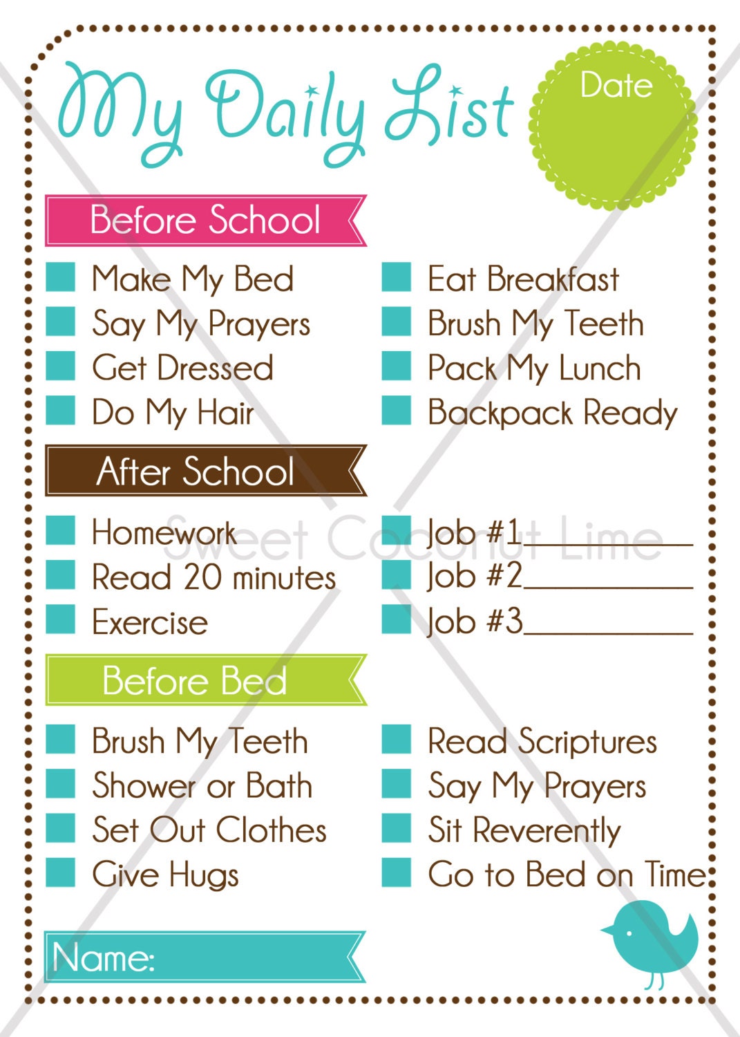 Kid's Editable Daily List and Chore Chart