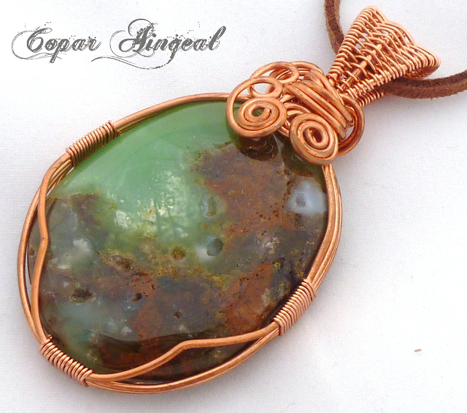 Chalcedony Copper Pendant on a Brown Suede Necklace - CoparAingeal