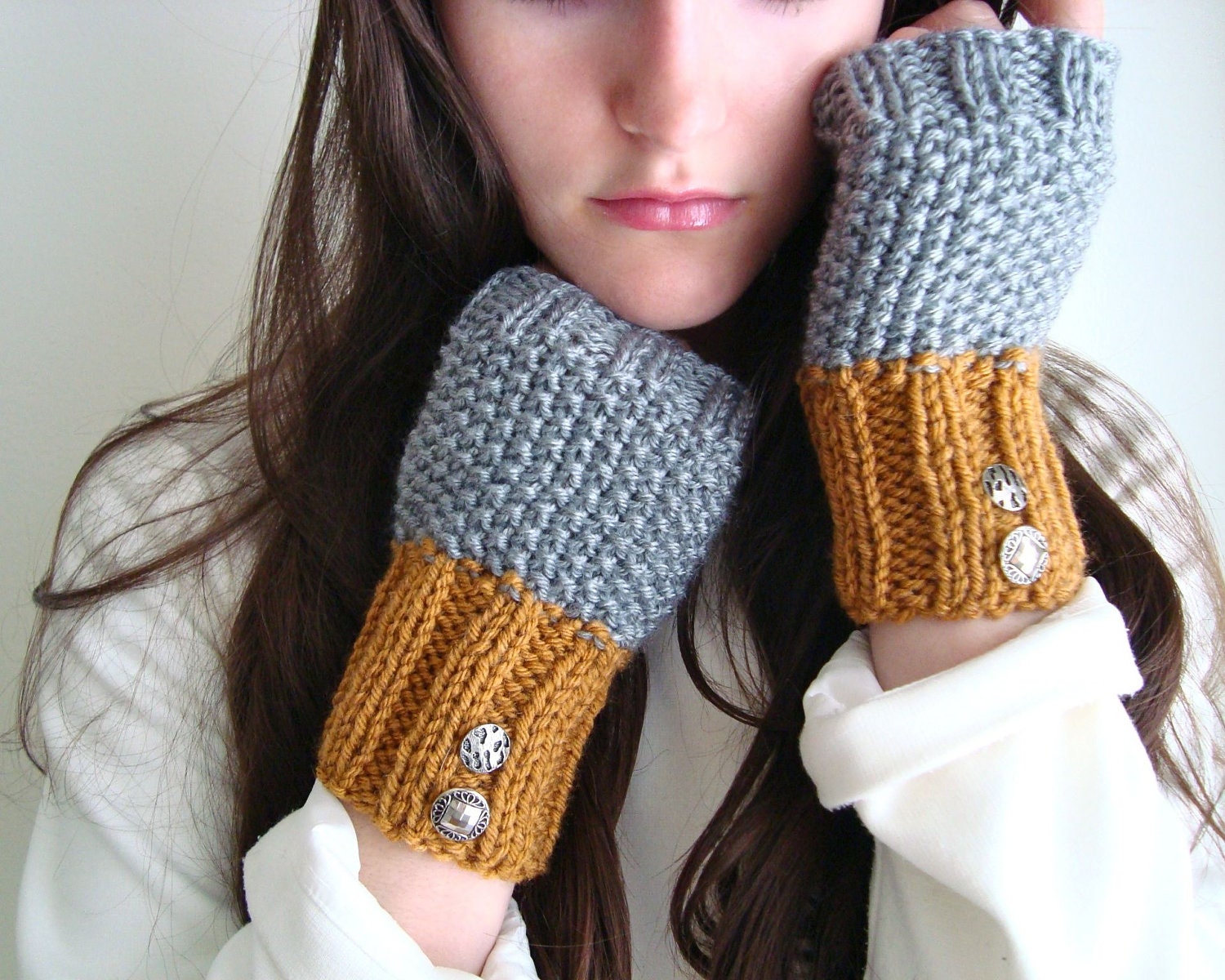Silver & Gold Autumn Mittens Fingerless Gloves, Vintage Buttons, Grey and Butterscotch - KnittingWonders