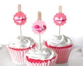 Birthday Girl Party Decoration Pink Hearts Cupcake Toppers, Princess Birthdays, Girlie Girl Handmade Weddings Wish Clips - Set of 12 -